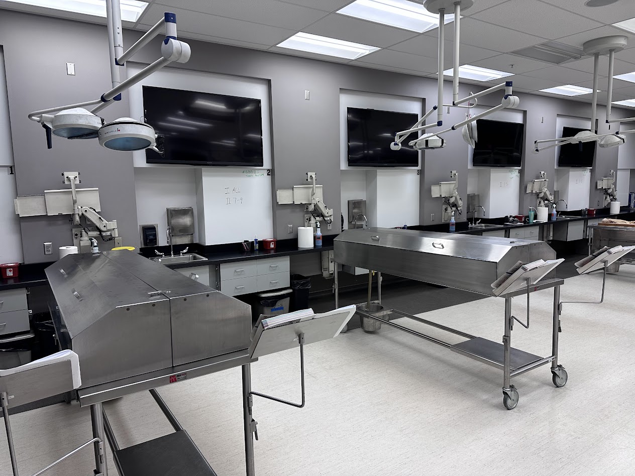 Metal canopies cover human cadavers inside Linfield University’s anatomy lab in Portland, Oregon, Thursday, Jan. 22, 2026. (Buffalo’s Fire/Brian Bull)