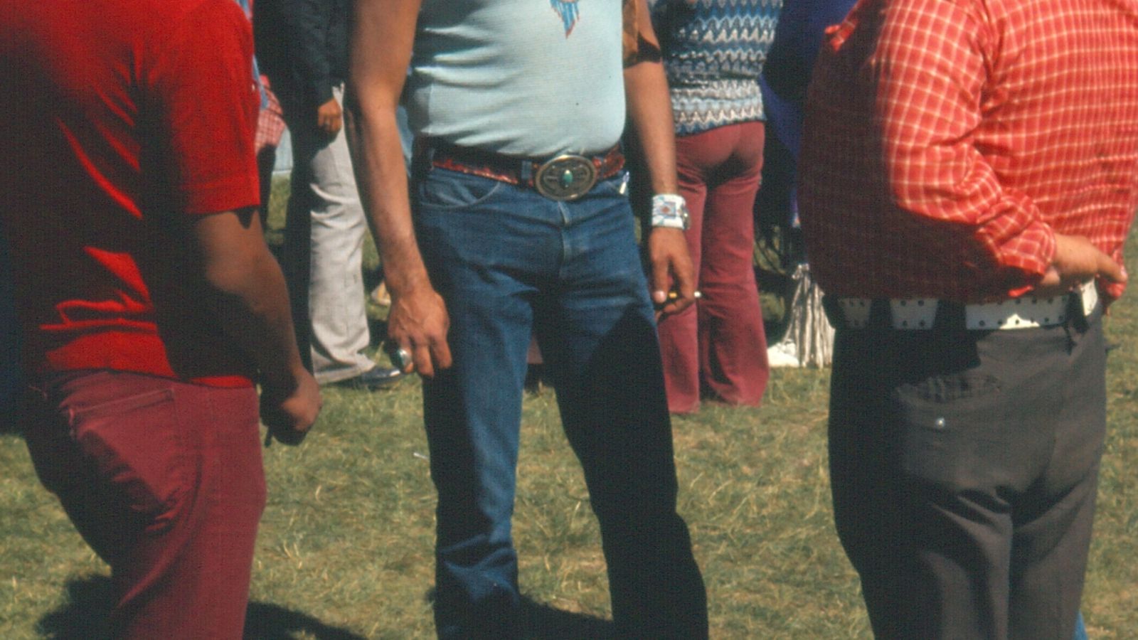 American Indian Movement leader Russell Means is seen visiting the UTTC International Powwow in 1974. AIM was an active force for Native self-determination and resistance, staging various occupations and the Wounded Knee standoff that same year. (Photo provided by UTTC archives librarian Dennis Neumann. Photographer unknown)