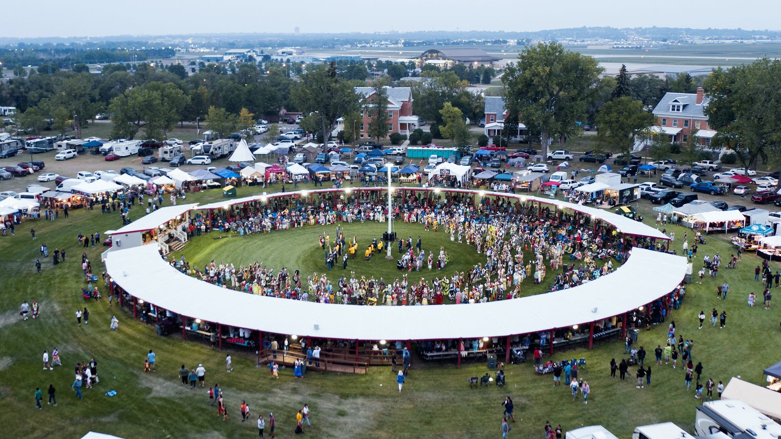 A 2019 aerial photo of the UTTC International Powwow shows the turnout of dancers, drummers and visitors to the event. (Photo provided by UTTC archives librarian, Dennis Neumann. Photographer unknown)