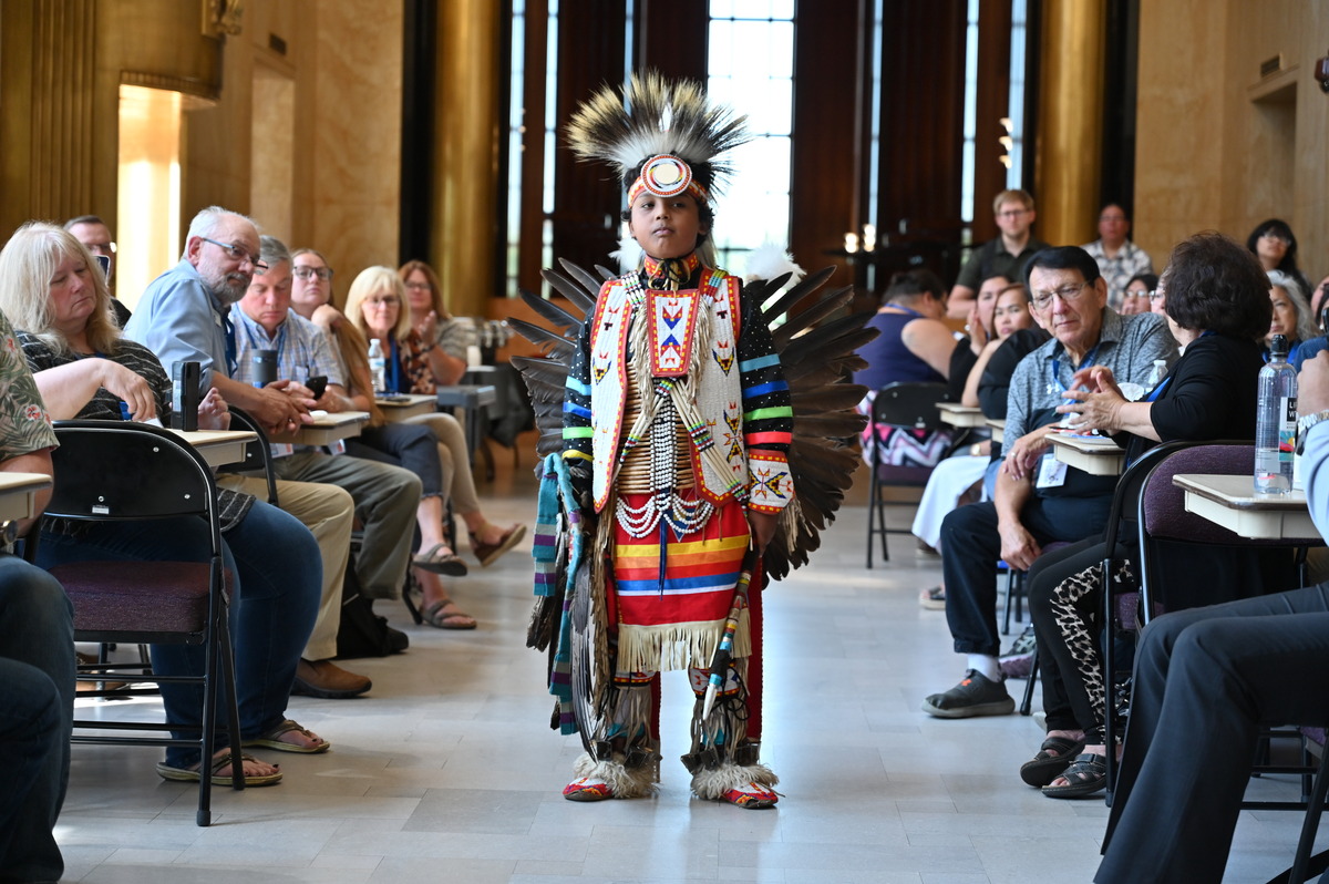 Berkley Chaske from Spirit Lake, now a seventh grader at Wachter Middle School in Bismarck, performed for a cultural presentation at the Indian Education Summit on July 6, 2023. (Photo courtesy of the Department of Public Instruction)