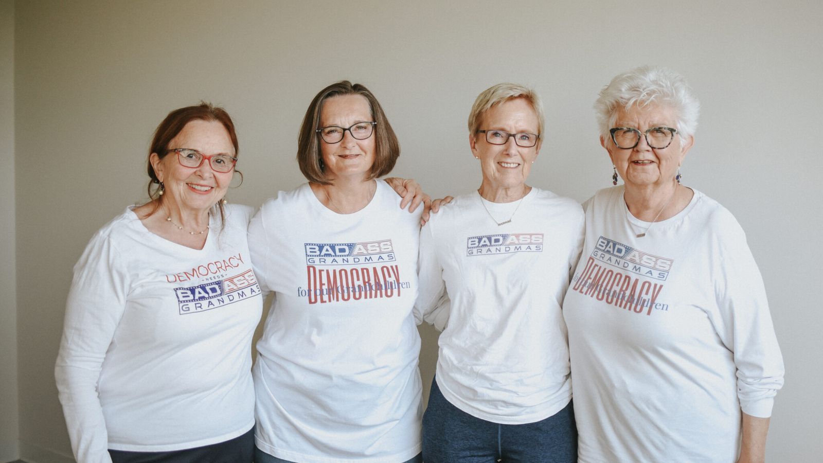 Sarah Vogel, from left, Kathy Tweeten, Ellen Chaffee and Dina Butcher founded the BadAss Grandmas for Democracy. (Photo by Leah Black Photography, @leablackco)