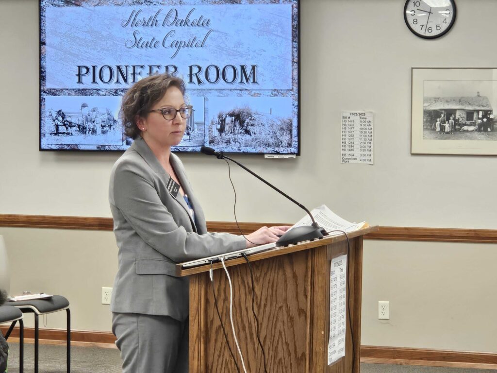 Rep. Karla Rose Hanson, D-Fargo, testifies Jan. 29, 2025, in favor of two bill reproductive rights bills she is sponsoring.