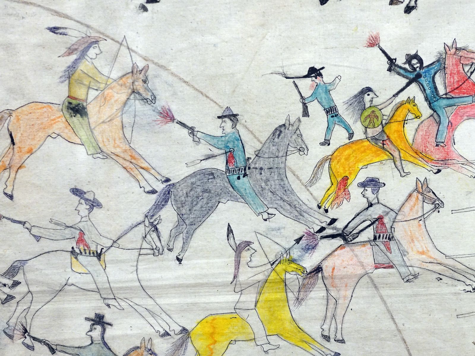 Henry Oscar One Bull/Tȟatȟáŋka Waŋžíla (Hunkpapa Lakota), Custer’s War, c. 1900, 39 x 69 inches (irregular), pigments, ink on muslin (Minneapolis Institute of Art)