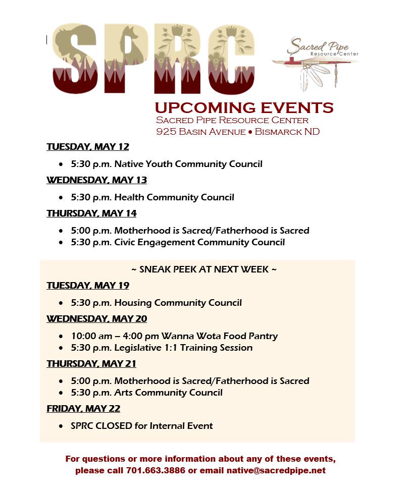Sacred Pipe Resource Center announces May community council meetings and programs