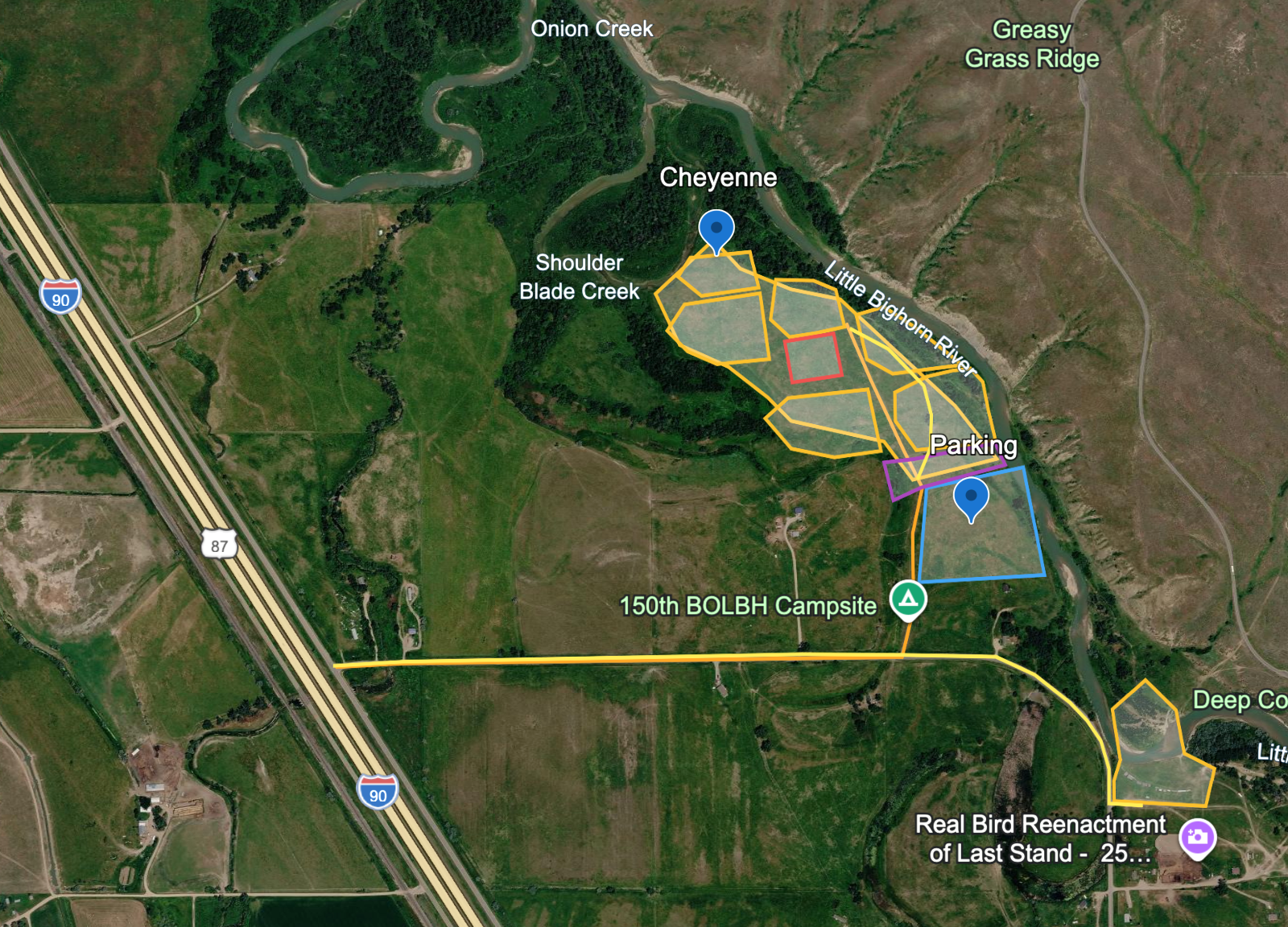 A preliminary map outlines the expected camp locations at the Real Bird family land site.