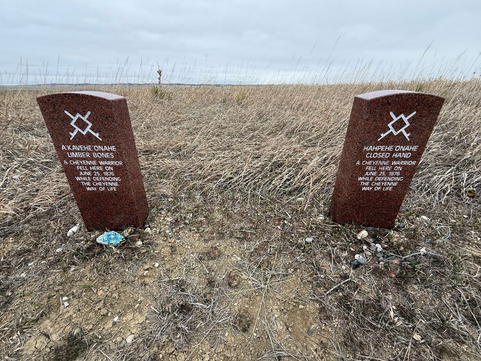 Headstones mark the spot where two Cheyenne Warriors, Limber Bones and Close Hands, died June 25, 1876 at the Battle of the Greasy Grass as seen iin March 9, 2026.