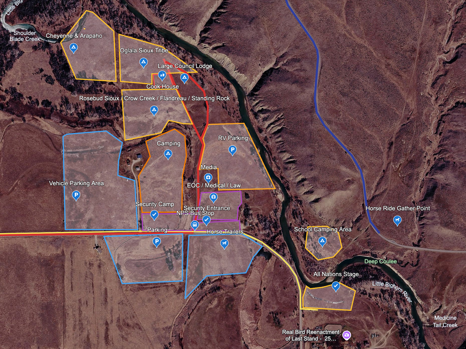The map currently shows tentative locations for tipis, RV parking, bus stops, vehicle parking, etc. on the Curtis Real Bird property. The camp area near security is no longer available.