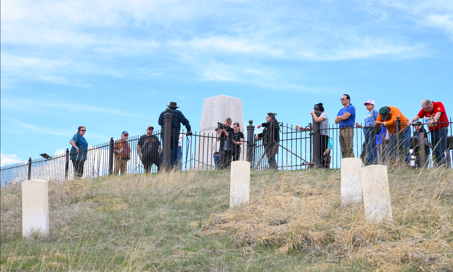 A group visits the Little Bighorn Battlefield National Monument on April 11, 2026, as the final part of a three-day symposium which explored the history and motivations of Custer’s Crow and Arikara scouts