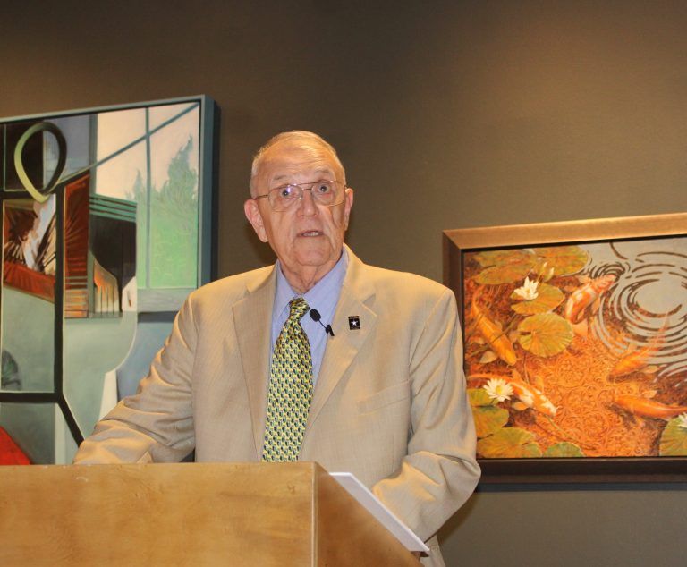 Rodney Taylor speaks at the Brinton Museum on June 18, 2026 about Native pictographs depicting the Battle of the Little Bighorn.