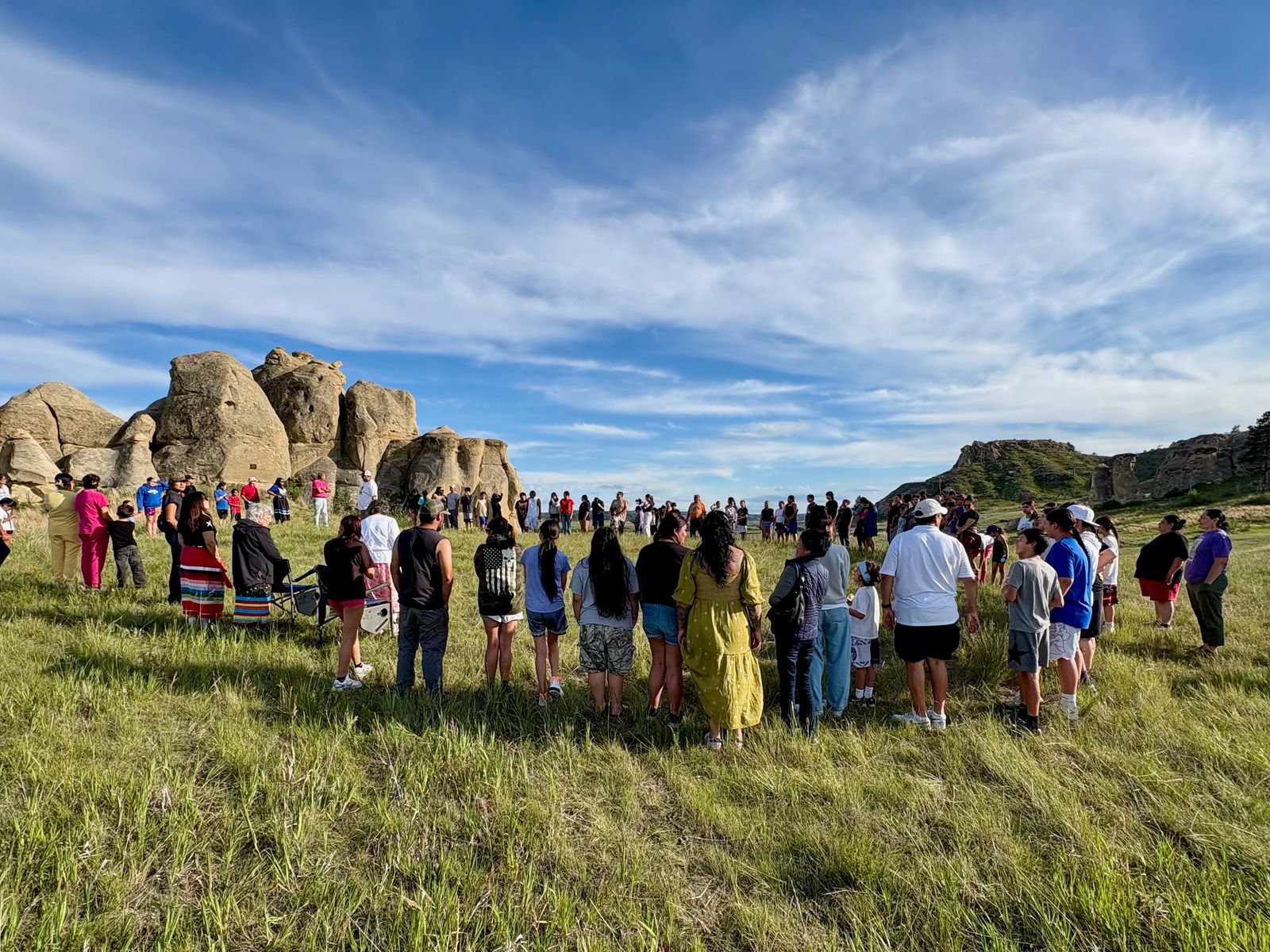Blue Bird Lifeways Victory Runners begin start of run with song and prayer at the Medicine Deer Rocks near Lame Deer, Montana. The two-day run was part of activities during the Battle of the Little Bighorn 150th commemoration.