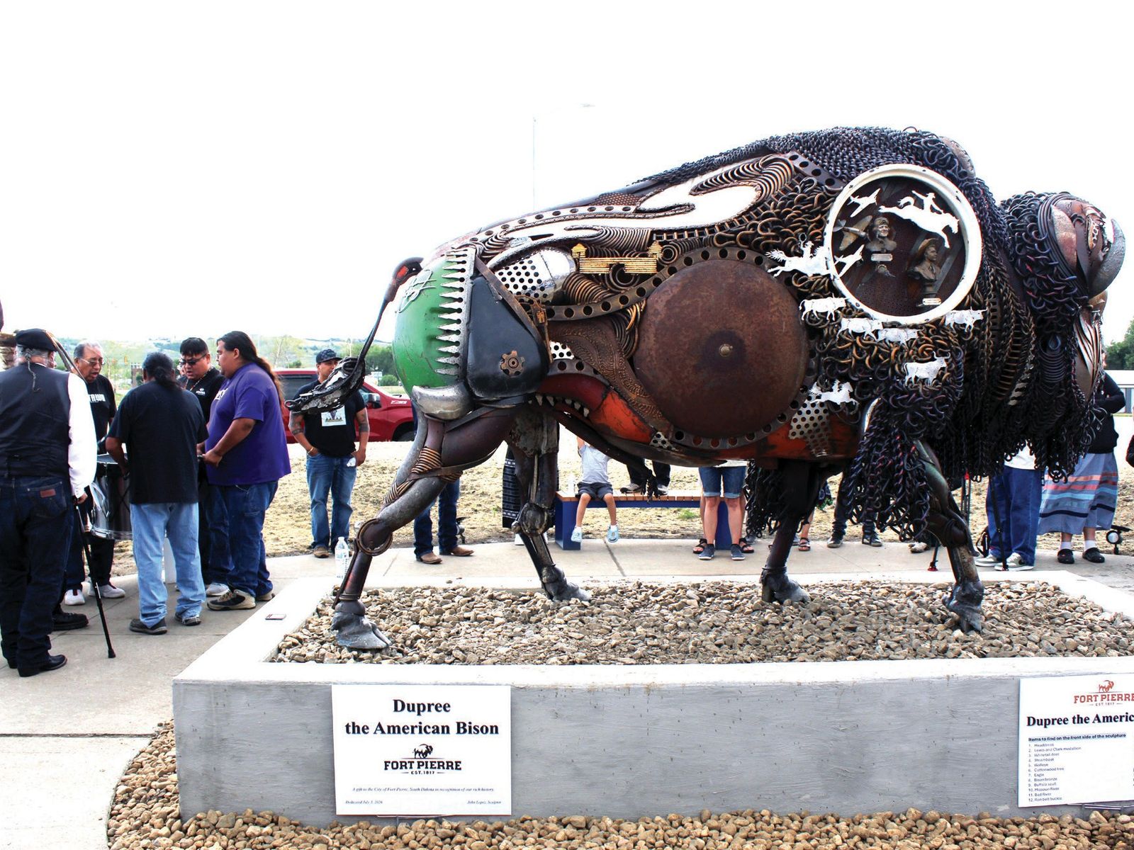 Sculptor John Lopez unveiled “Dupree the American Bison” in Fort Pierre, where the Wakinyan Maza Drum Group offered an honoring song as community members gathered to celebrate the new metal sculpture recognizing Fred Dupree and the family’s historic role in saving the buffalo from extinction.