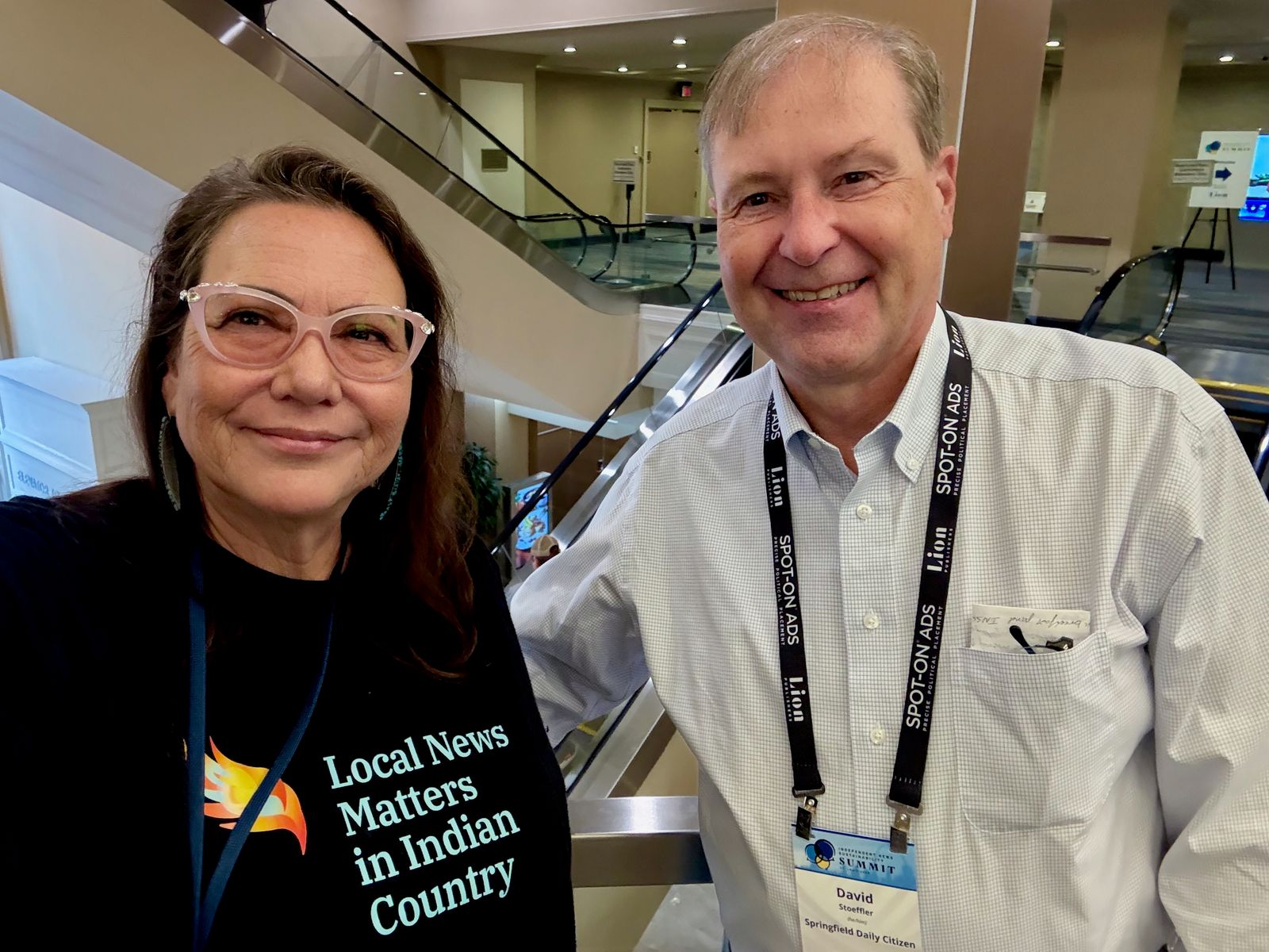 Jodi Rave Spotted Bear, right, executive director of the Indigenous Media Freedom Alliance and David Stoeffler, former vice president of Lee Enterprises, attend the 2025 LION Publishers Independent News Sustainability Summit in St. Louis.