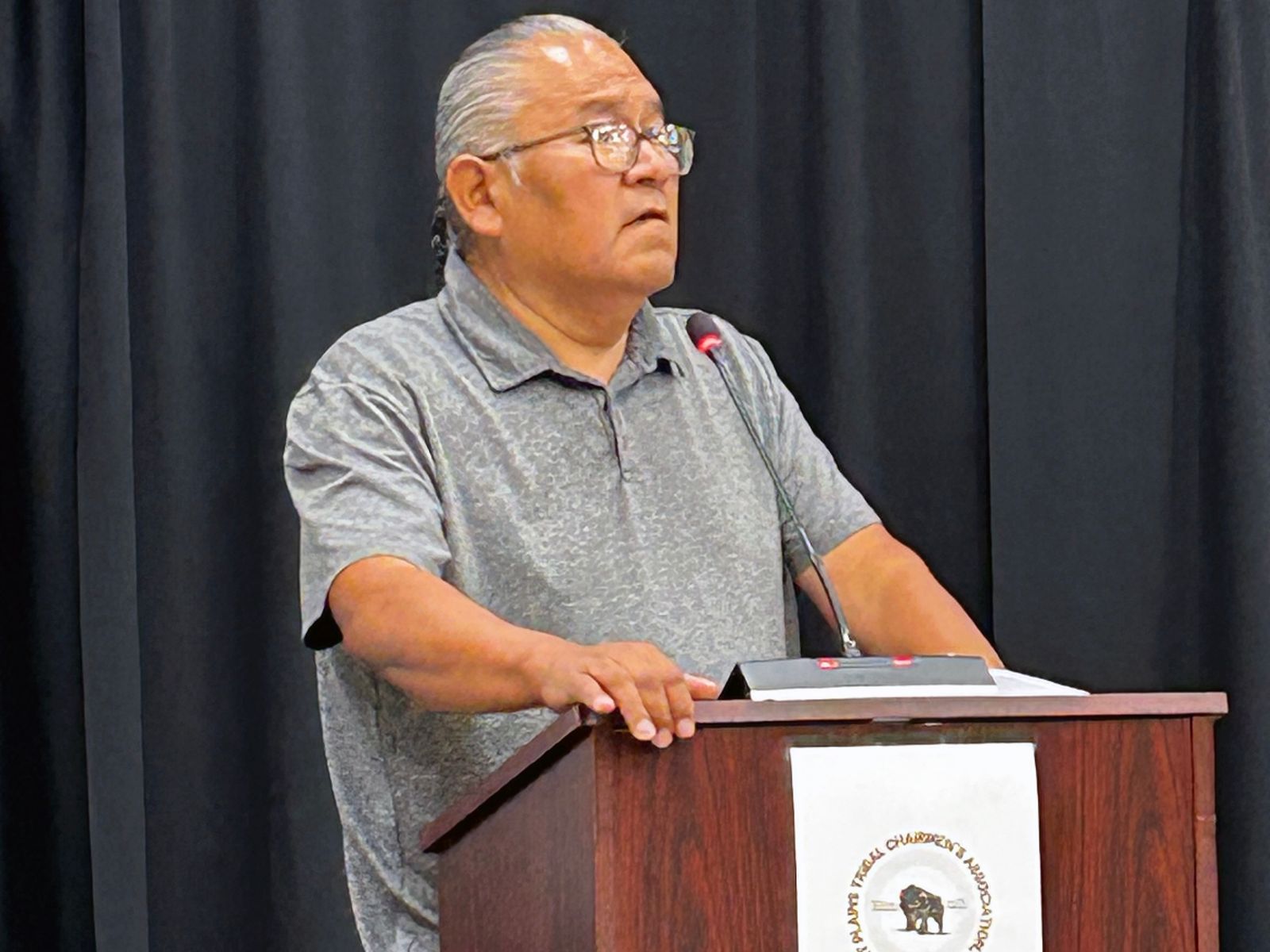Emmanuel Black Bear, Oglala, speaks at a public safety press conference in Rapid City, South Dakota, about the murder of his nephew, Alton Mesteth, Wednesday, Aug. 19, 2026. Mesteth was shot to death in his home by unknown shooters near Kyle, South Dakota, in January 2024.