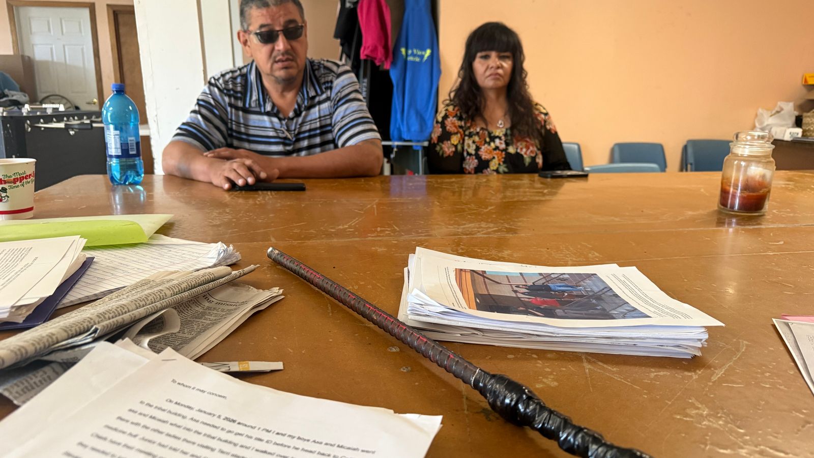 Dana Eaglefeathers, a legal advocate on the Northern Cheyenne Reservation, sits in the Baptist Church in Lame Deer, Montana, May 20, 2026. Local residents said they found the steel bar on table that was left behind by security guards at the tribe’s capitol.