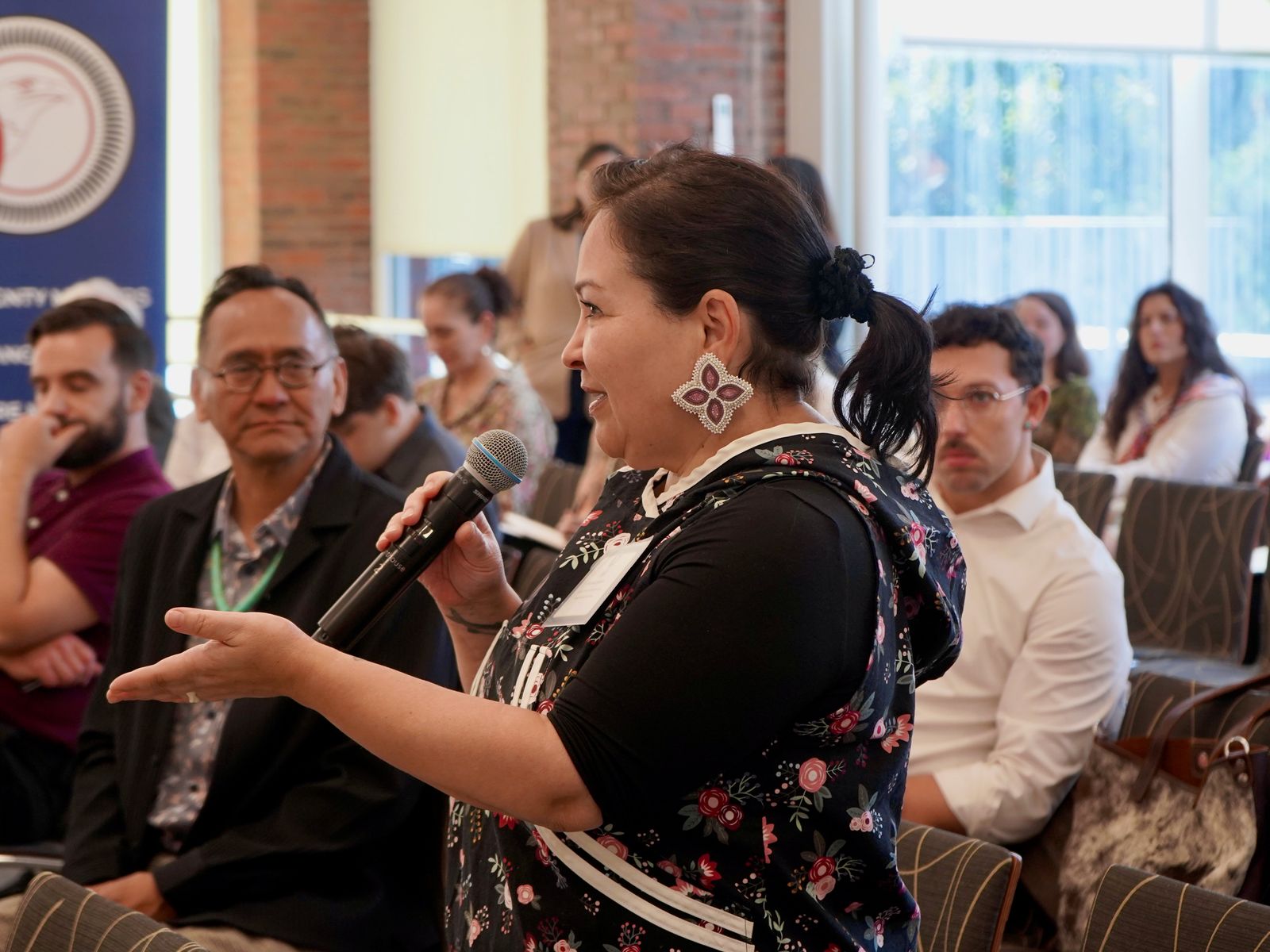Michelle Sparck, director of Get Out the Native Vote, a voter resource group under the Alaska Federation of Natives, addresses panelists during the Harvard symposium on democracy in Indian Country, Cambridge, Massachusetts.