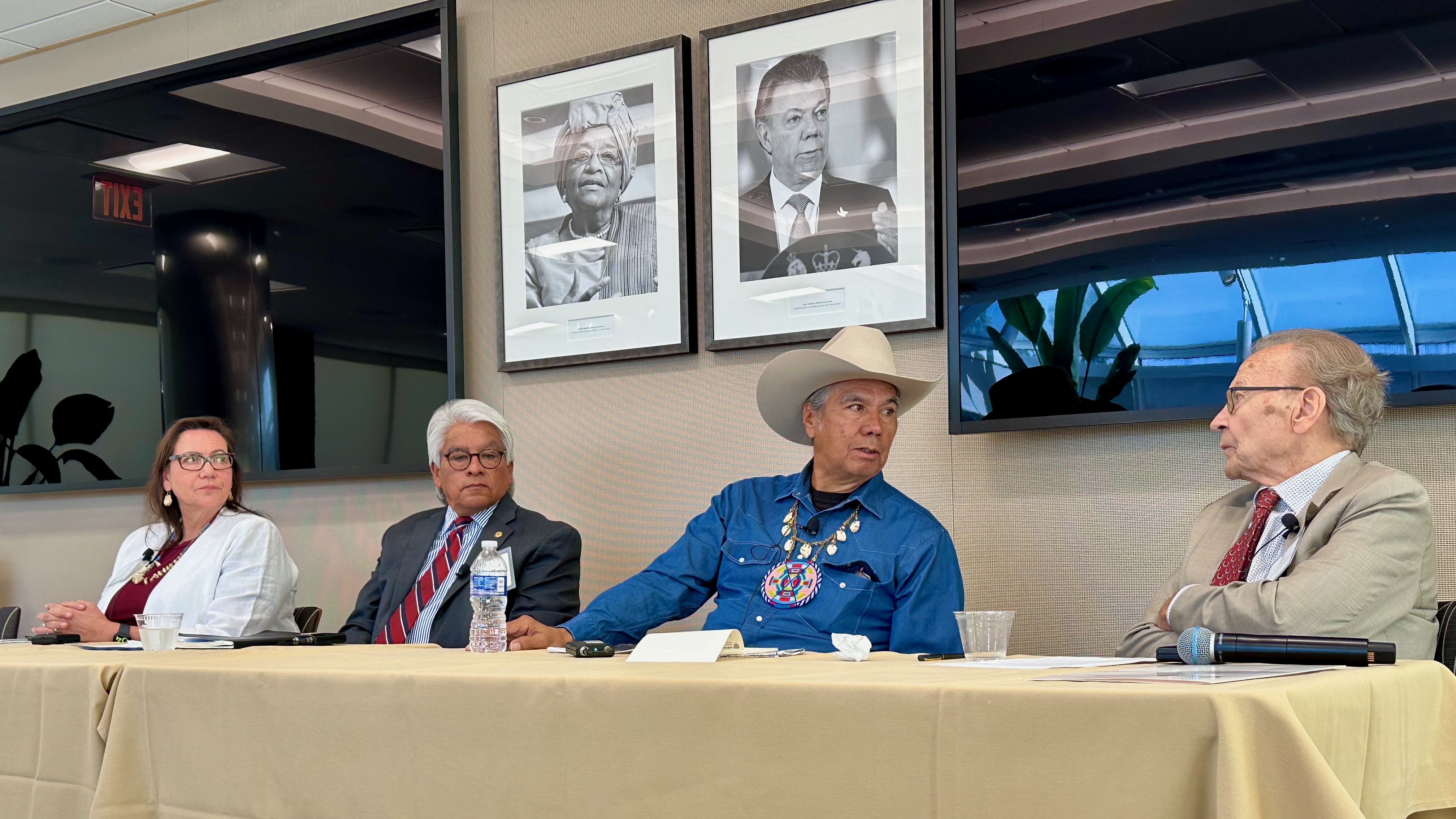 Jodi Rave Spotted Bear, Regis Pecos, Tex Hall and Thomas Patterson sit on the panel “Pillars of Democracy — Freedom of the Press and Voting Press,” at the Democracy in Indian Country symposium at Harvard University, Cambridge, Massachusetts.