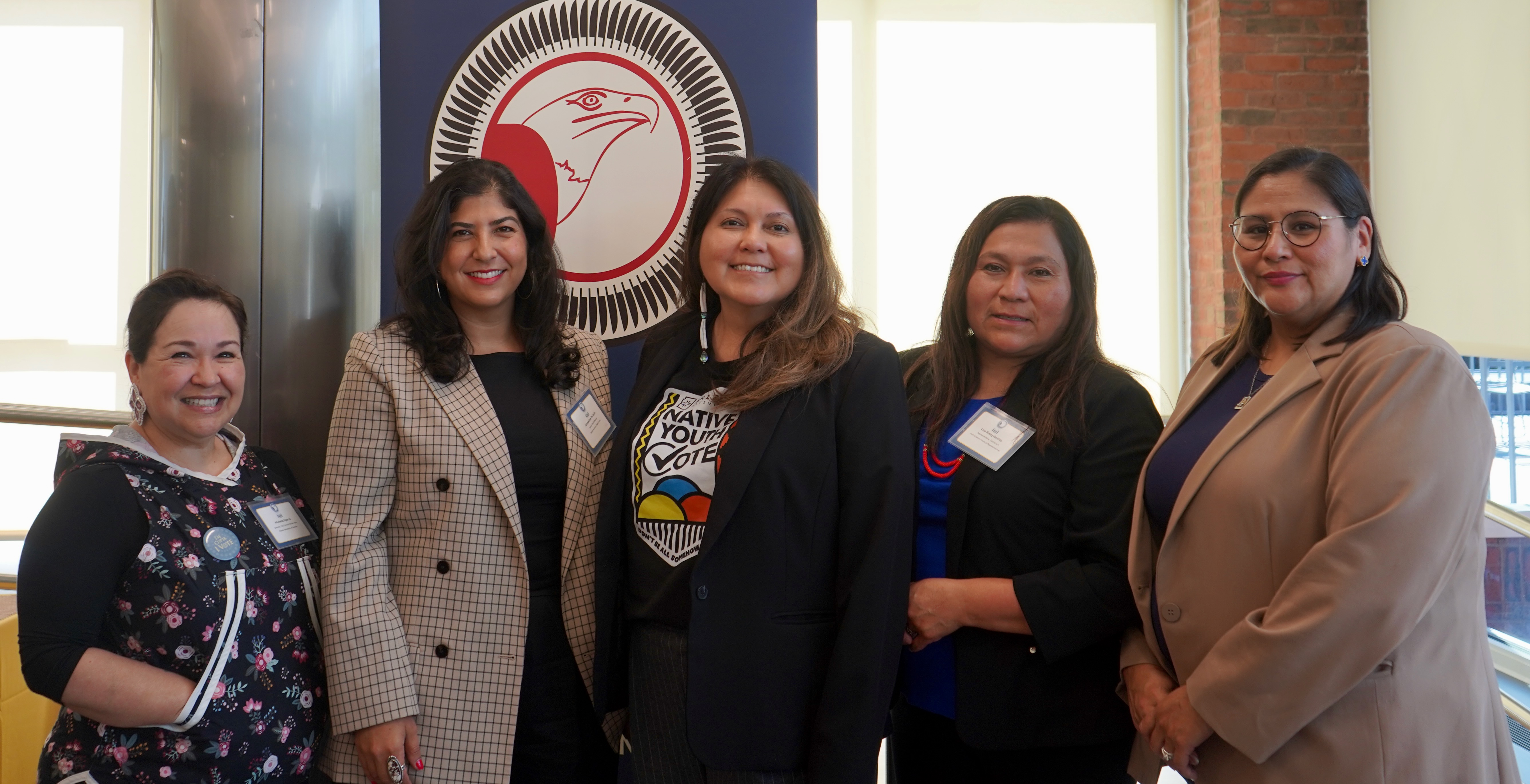 Voting rights leaders from left, Michelle Sparck, Jacqueline De Leon, Jaynie Parrish, Lisa Finley-Deville and Nicole Donaghy attend the Harvard symposium on democracy in Indian Country, Cambridge, Massachusetts.