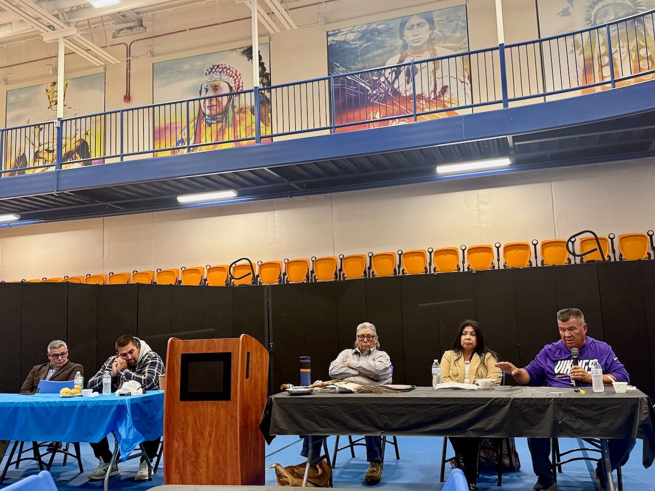 Darwin "David" Williams, far right, advances to the general election in November for the chairman's seat. He joined fellow candidates in Twin Buttes on Sept. 21 to discuss their platforms with voters of the Mandan, Hidatsa and Arikara Nation. (Photo by Jodi Rave Spotted Bear)