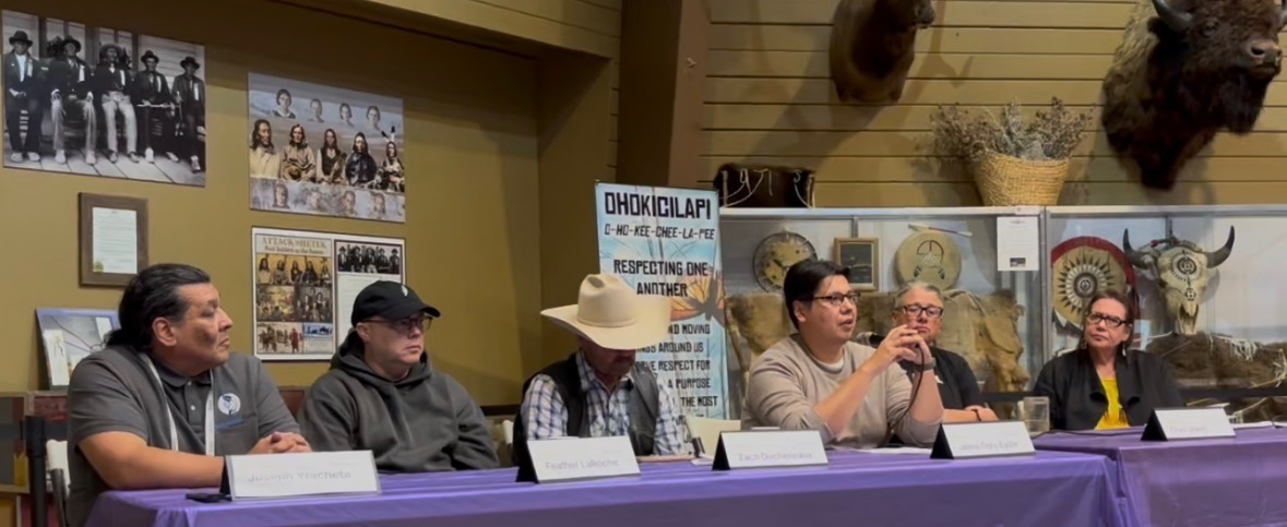Rez Tech Reimagined panelists (left to right) address AI topics in Indian Country at the Lakota Cultural Center in Eagle Butte, South Dakota, including Joseph Yracheta, Feather LaRoche, Zach Duchneaux, Jesse Grey Eagle, Chas Jewitt and moderator Jodi Rave Spotted Bear.