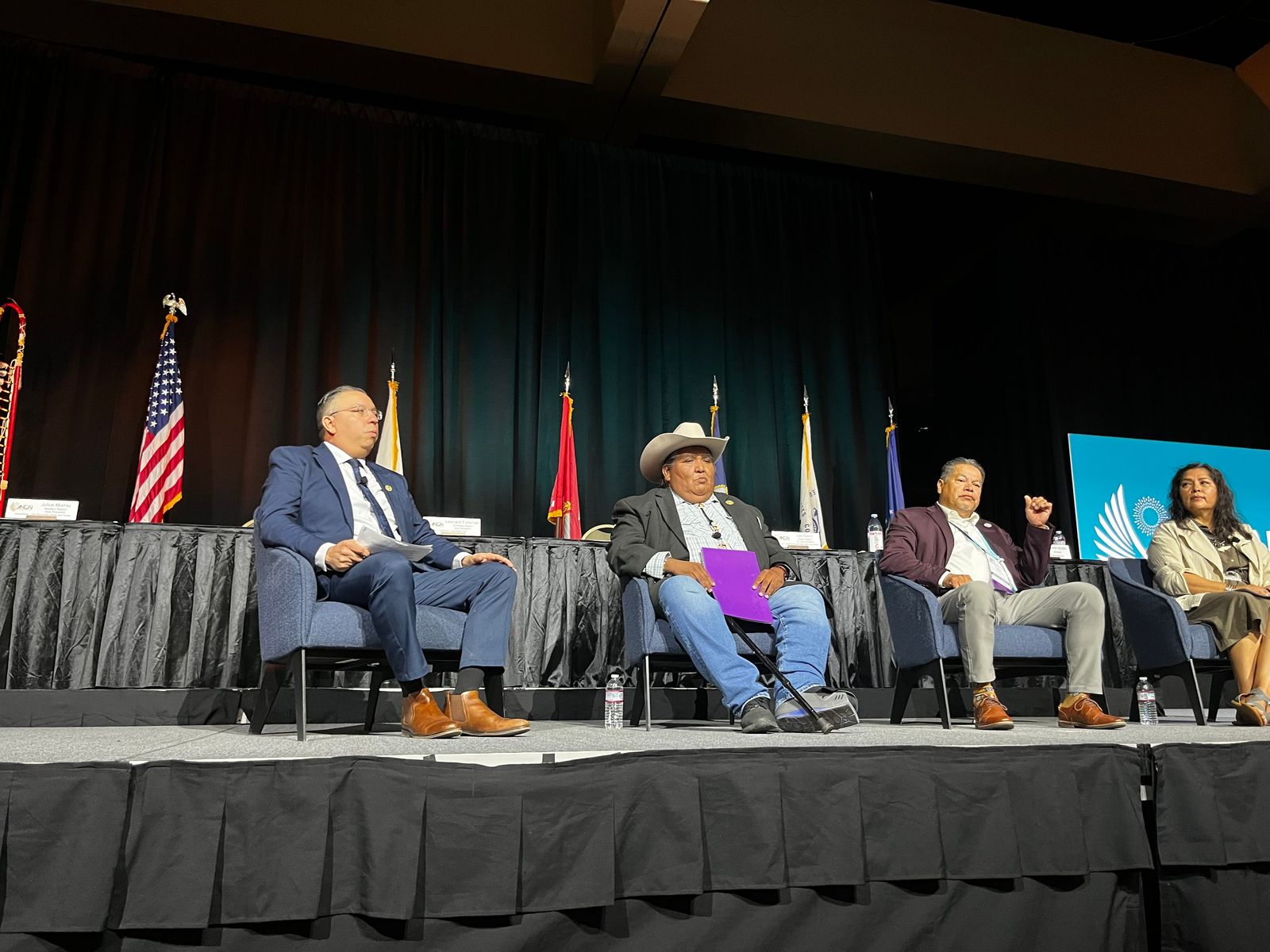 NCAI Policy Associate Charlie Thayer moderated a discussion with Tohono O’odham Nation Chairman Verlon Jose, Santo Domingo Pueblo Governor Raymond Aguilar, Jr., and Bears Ears Inter-Tribal Coalition co-chair Davina Smith-Idjesa (Diné) during the opening ceremonies for the 83rd annual NCAI convention,