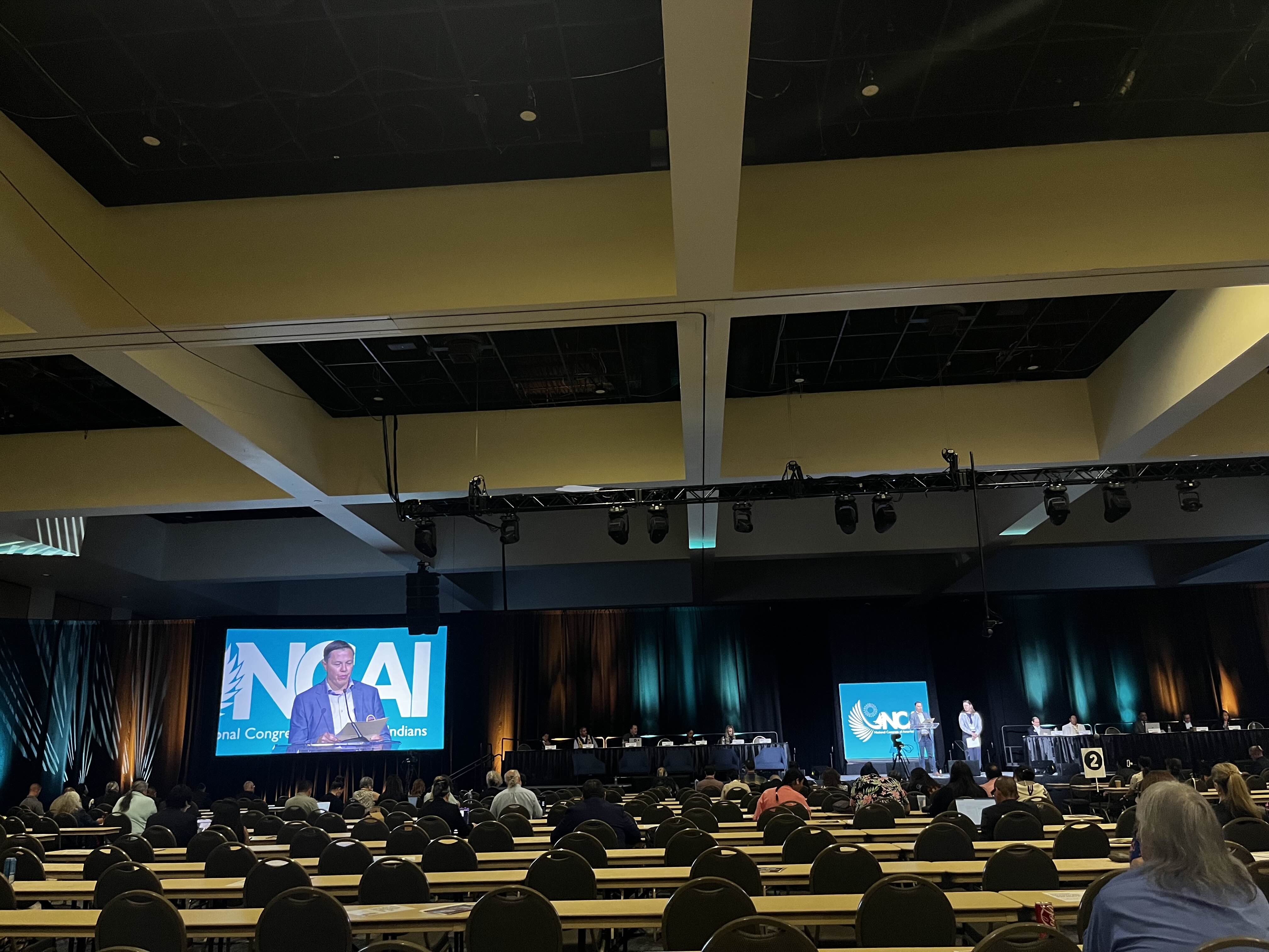 Matthew Campbell, chair of the NCAI Litigation and Governance Committee, presents the committee report to the general assembly.