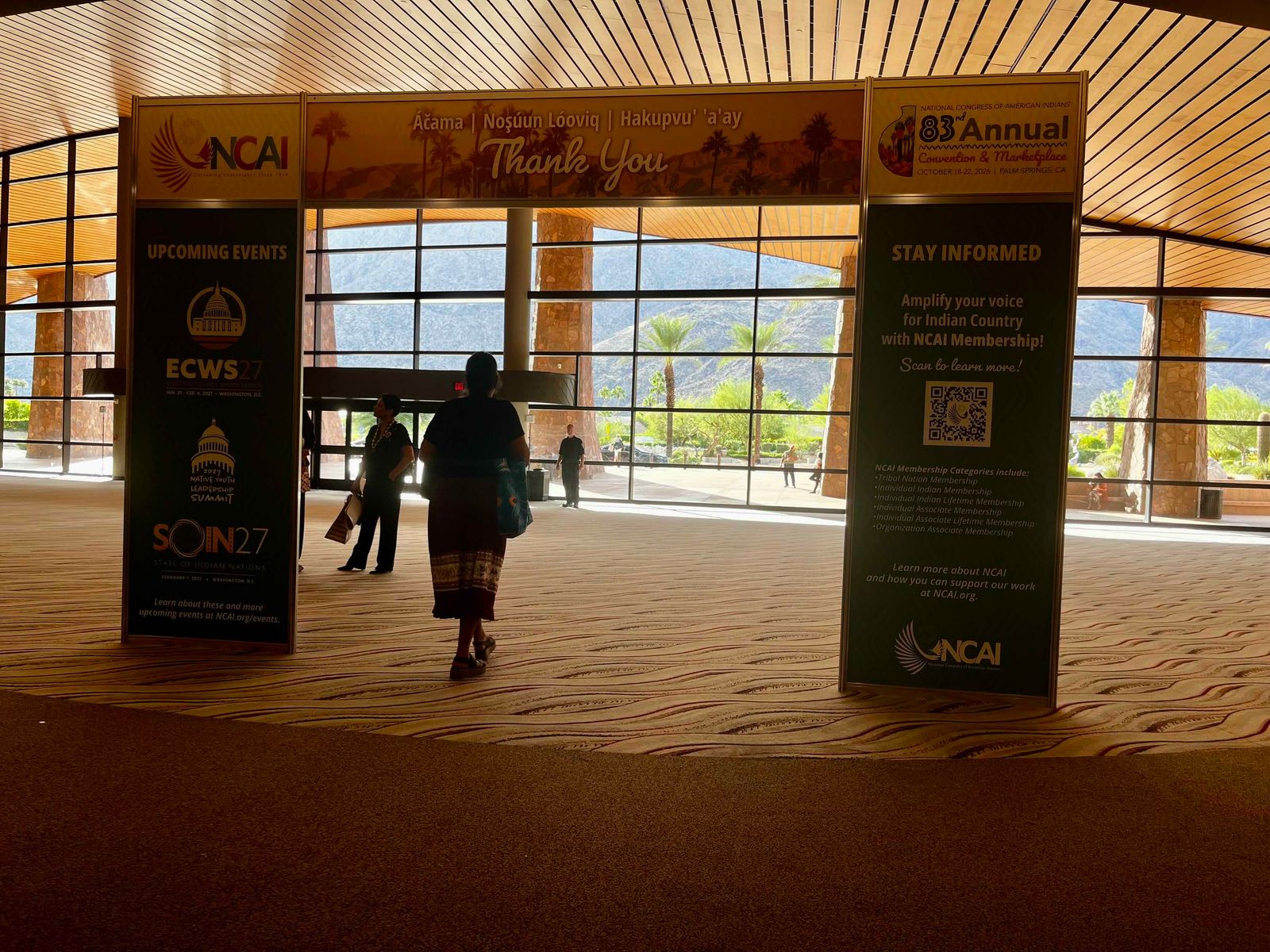 People exit at the end of the 83rd Annual National Congress of American Indians at the Palm Springs Convention Center in California on Thursday, Oct. 22, 2026.