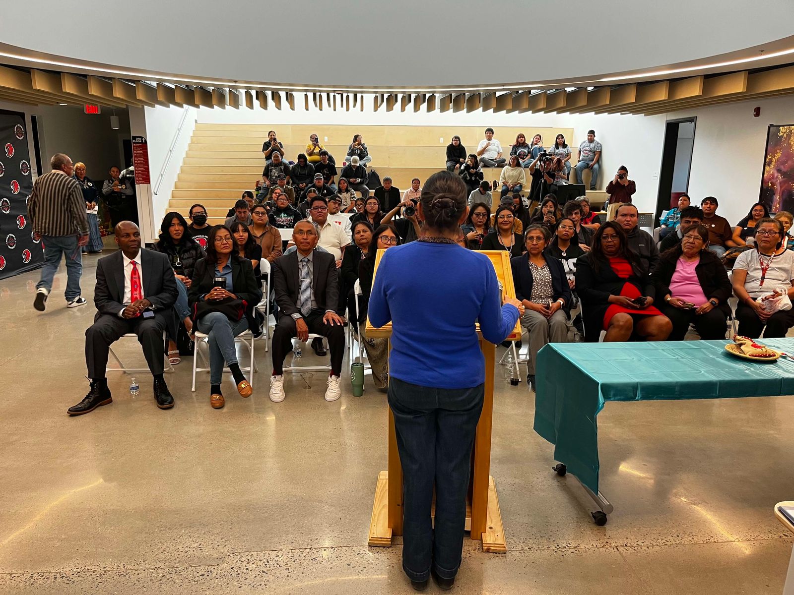 Gubernatorial candidate Deb Haaland speaks to a crowd at Navajo Technical University in Crownpoint, New Mexico, Tuesday, Oct. 27, 2026. 