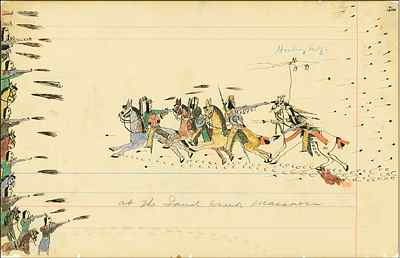 Howling Wolf (Southern Cheyenne Indian, 1849 - 1927), At the Sand Creek Massacre, 1874-1875, Pen, ink, and watercolor on ledger paper, Oberlin Ledger - pg. 4. Gift of Mrs. Jacob D. Cox, 1904.1180.5