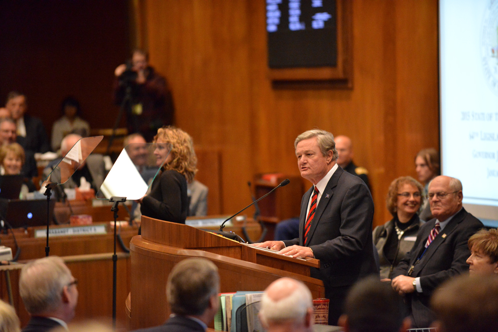 Former Gov. Jack Dalrymple delivers the State of the State address in 2015 at the state Capitol. He testified in federal court on Friday about the Dakota Access Pipeline protests, which occurred during the final months of his tenure. (Courtesy of State Historical Society of North Dakota. SHSND 31843)