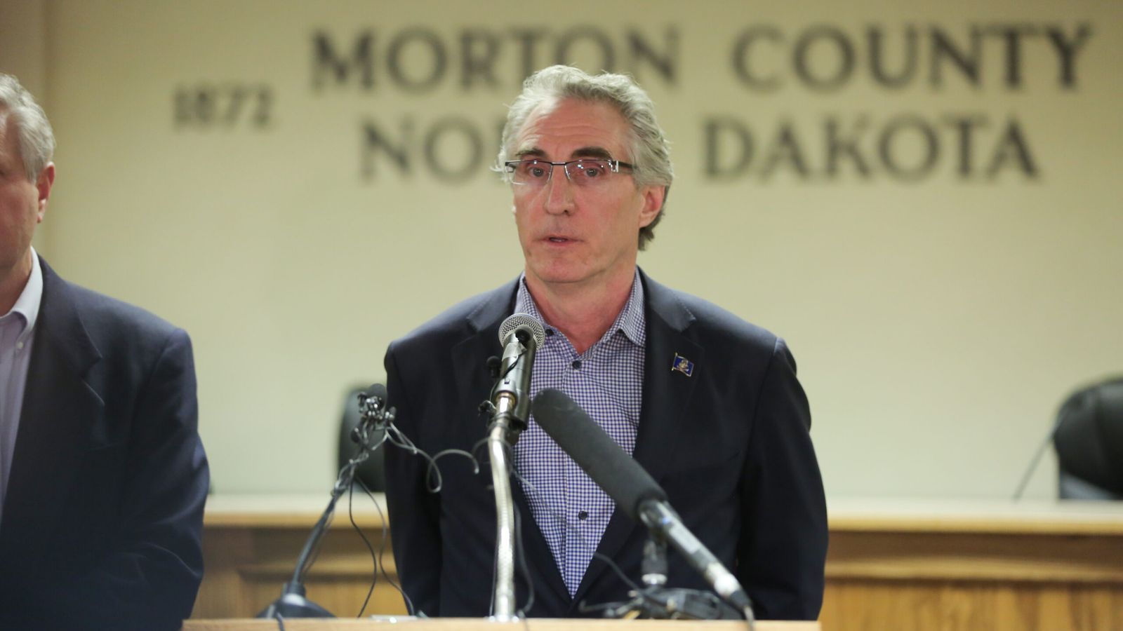 CANNON BALL, ND - FEBRUARY 22: North Dakota Governor Doug Burgum speaks during a press conference announcing plans for the clean up of the Oceti Sakowin protest camp on February 22, 2017 in Mandan, North Dakota. Protesters and campers against the DAPL pipeline, at times numbering in the thousands, are now down to under a hundred. (Photo by Stephen Yang/Getty Images)