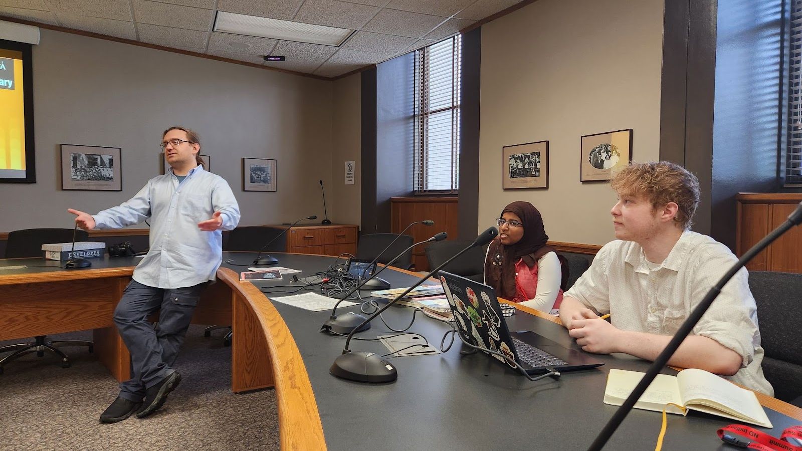 Nick Asbury, Zeineb Yousif and Morgan Campagnon spoke at the North Dakota Indian Education Summit on July 18 to discuss the updated tribal curriculum guides, which will be released next month. (Photo credit/ Vincent Moniz)