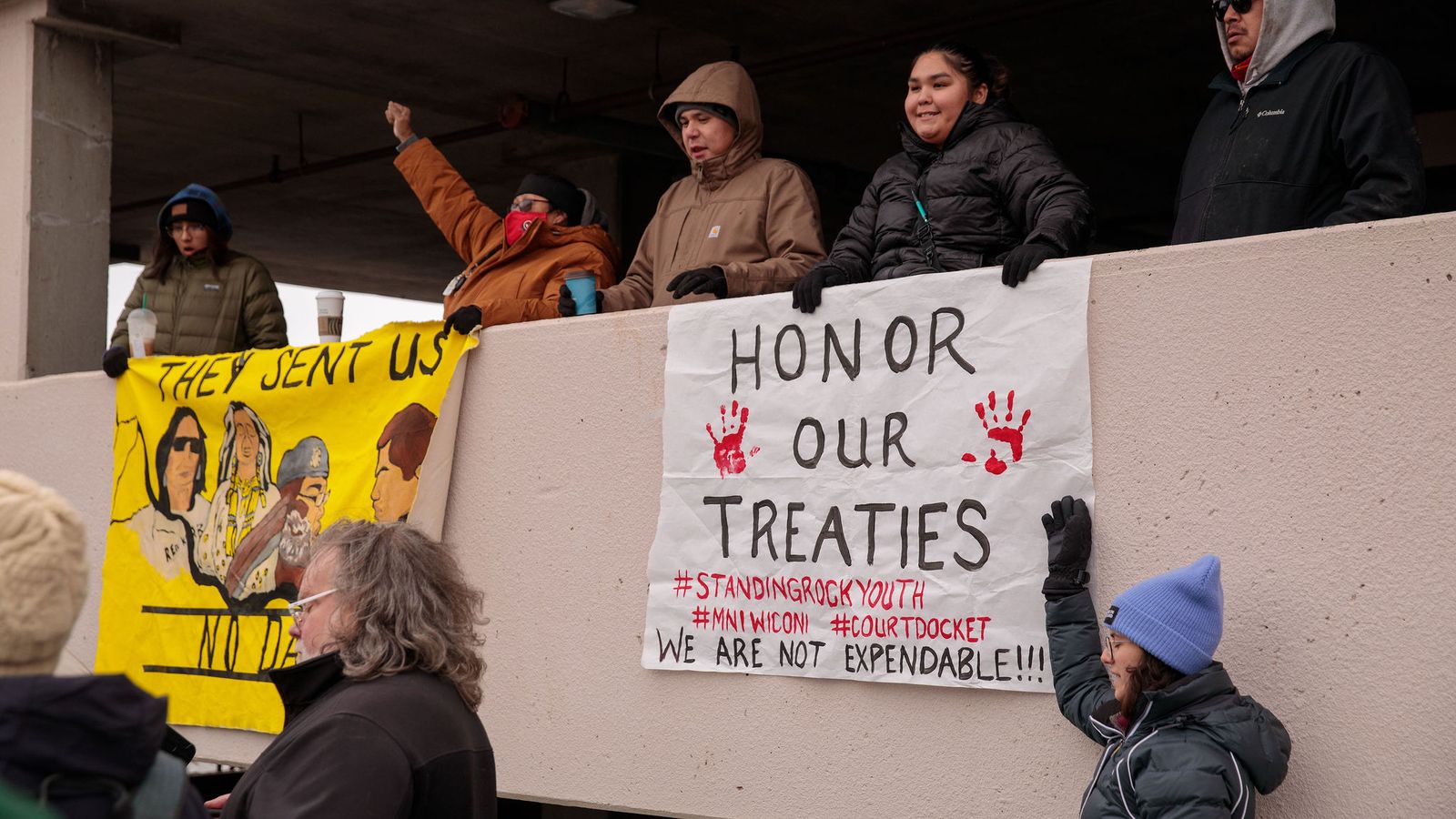 Opponents of the Dakota Access Pipeline gather Nov. 1, 2023, in Bismarck ahead of a public meeting on an environmental impact statement. The Standing Rock Sioux Tribe opposes the pipeline, citing concerns for its water supply. (Kyle Martin/For the North Dakota Monitor)
