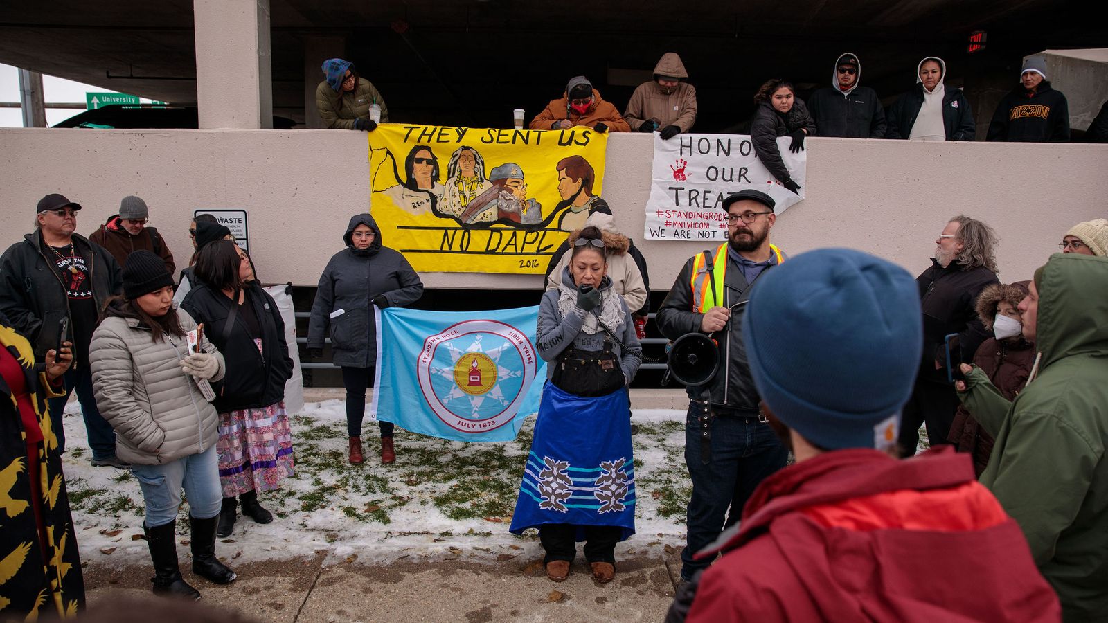 Opponents of the Dakota Access Pipeline gather Nov. 1, 2023, in Bismarck ahead of a U.S. Army Corps of Engineers public meeting on an environmental impact statement. The Standing Rock Sioux Tribe opposes the pipeline, citing concerns for its water supply. (Kyle Martin/For the North Dakota Monitor)