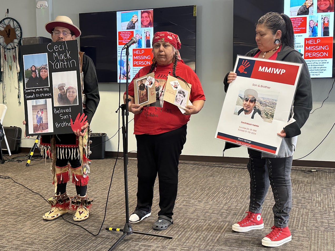 Dorethy Yahtin (center) talks about her murdered son and siblings at the MMIP Search and Hope Alliance event, Saturday, May 3, 2025. (Photo credit: Brian Bull)