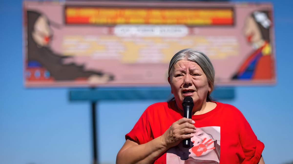 Kaysera Stops Pretty Places' grandmother, Yolanda Fraser speaks during a dedication ceremony for a billboard in support of the Missing and Murdered Indigenous People movement on Tuesday, Aug. 29, 2023, along I-90 in Hardin, Mont. (Mike Clark, AP)