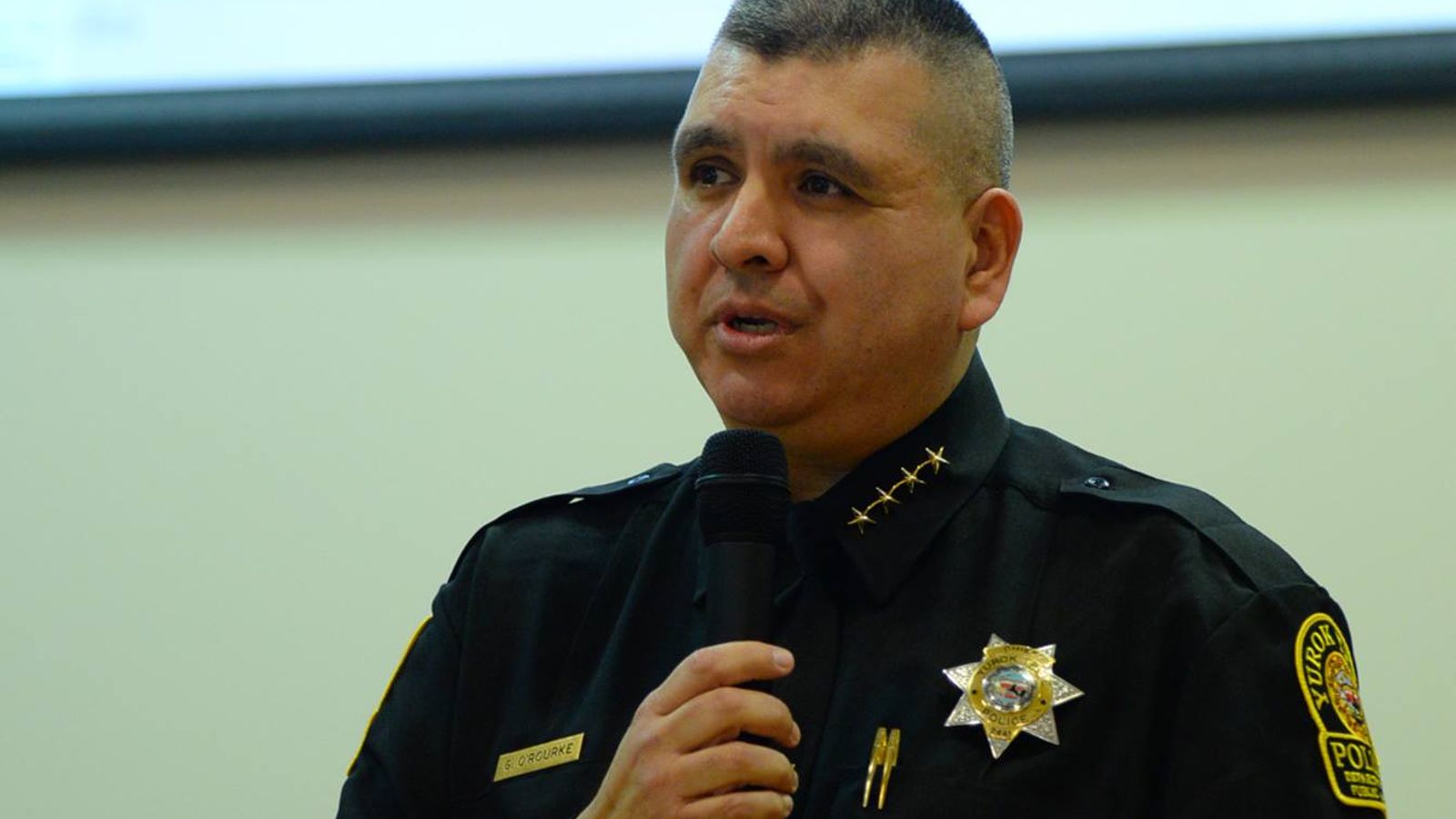 Greg O’Rourke speaks at his swearing in ceremony as Yurok Public Safety Department Chief, at the Yurok Tribal Council Chambers in Klamath, California, Friday, March 1, 2019. (The Yurok Tribe/Matt Mais)