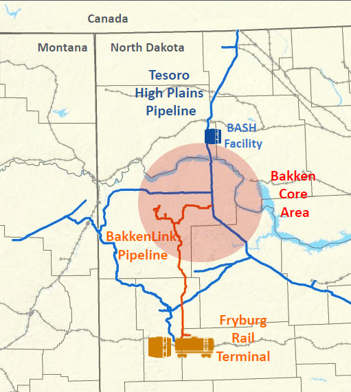The Tesoro High Plains Pipeline is located within the Fort Berthold Reservation in North Dakota. The dark blue line highlights its route.