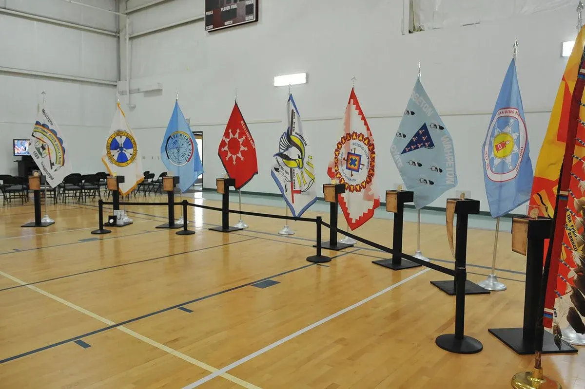 An exhibit including a display of the tribal flags from the Cheyenne River, Crow Creek, Oglala, Rosebud, Sisseton Wahpeton, Standing Rock and Yankton Sioux Tribes. (Rapid City Journal File photo)