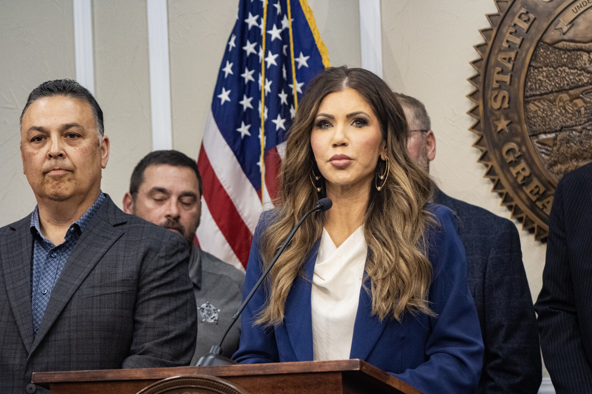 Gov. Kristi Noem speaks on May 17 in Pierre, South Dakota, during a press conference on cartel presence on tribal land. (Amelia Schafer, ICT + Rapid City Journal)