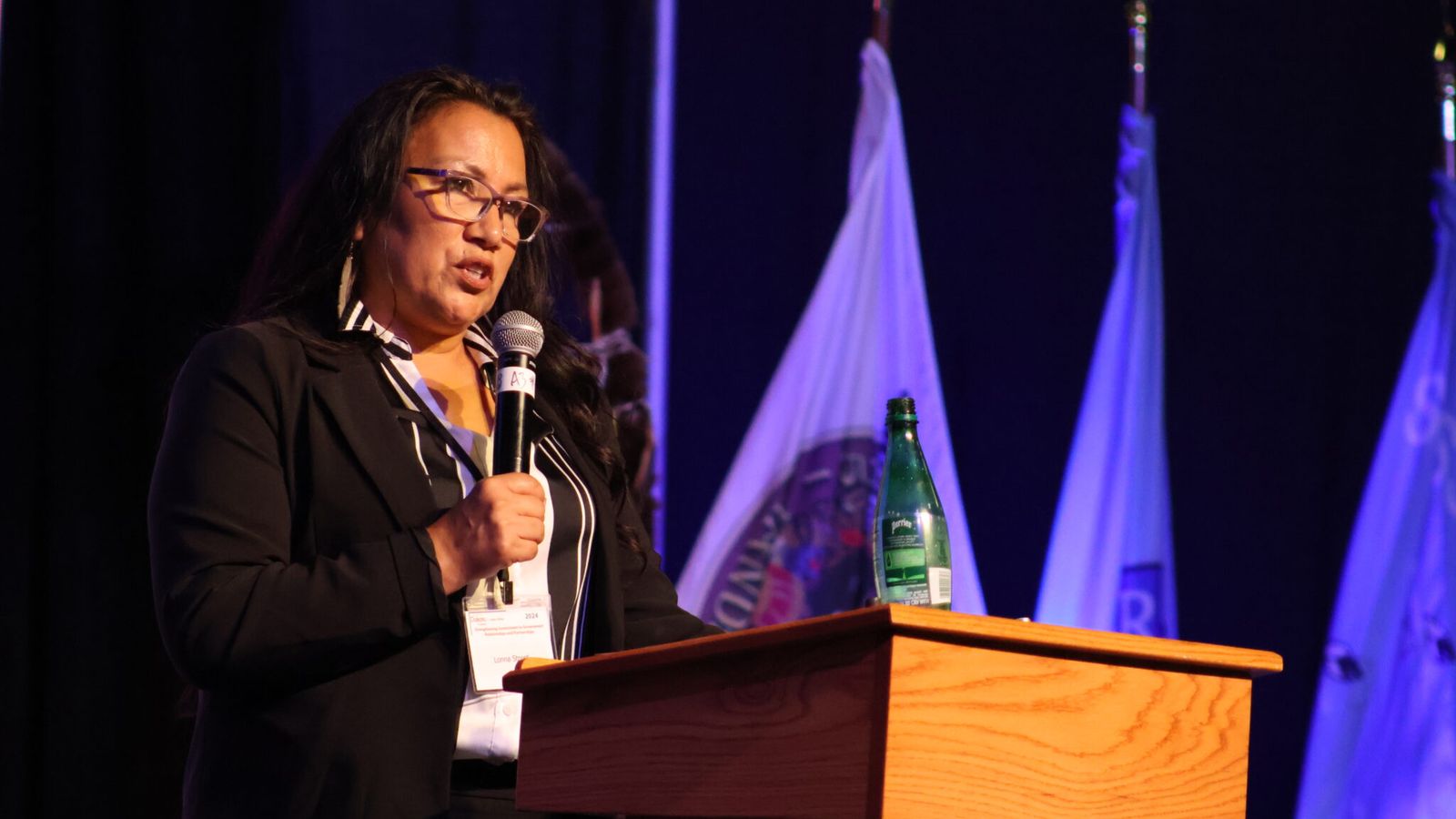 Lonna Jackson-Street, chair of the Spirit Lake Nation, speaks during a summit between state and tribal leaders on June 25, 2024. She testified last week in support of a bill that seeks to restore a motor vehicle excise tax exemption for tribal citizens. (Mary Steurer/North Dakota Monitor)