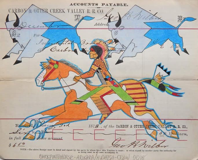 Ledger art by Monte Yellow Bird Sr., an Arikara/Hidatsa ledger artist from North Dakota