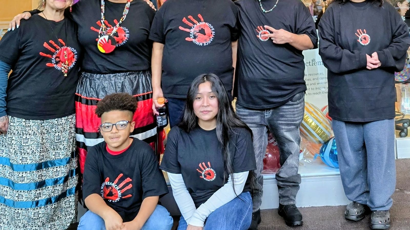 The Community Giveback event between MMIW Search & Hope Alliance and Project Lemonade benefited foster youth and generated donations of socks, hats and stuffed animals, Portland, Oregon, Saturday, Dec. 13, 2025. From L to R: Sandra Hernandez, Kimberly Lining, Kristina Slim, Leonel Jakob-Hawk Estel,
Russell Slim, Kaedense Hawk Estel, Rubi Hernandez. (Photo courtesy of Kimberly Lining)