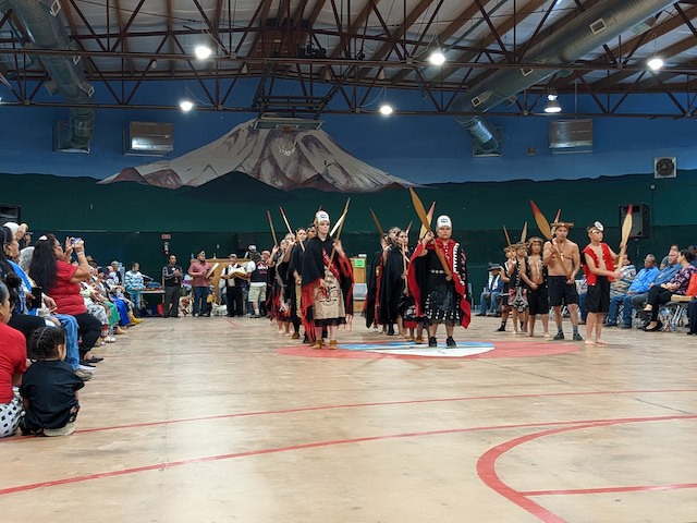 Makah tribal youth share traditional dances for attendees of an event marking the 50th anniversary of President Richard Nixon signing an executive order returning half of Mount Adams to the Yakama Nation. The Makah Tribe was honored at the event on Sept. 23 for its efforts advocating on behalf of the Yakama Nation during the tribe's pressure campaign. Chris Aadland/Underscore News
