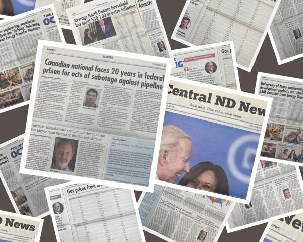 These are pages from the Central ND News, a newspaper that showed up at North Dakotans’ homes purporting to provide local news. Instead, the paper is aimed at maligning protests of the Dakota Access Pipeline from eight years ago and boosting key Republican campaign talking points. (Lee Pedinoff / Floodlight)