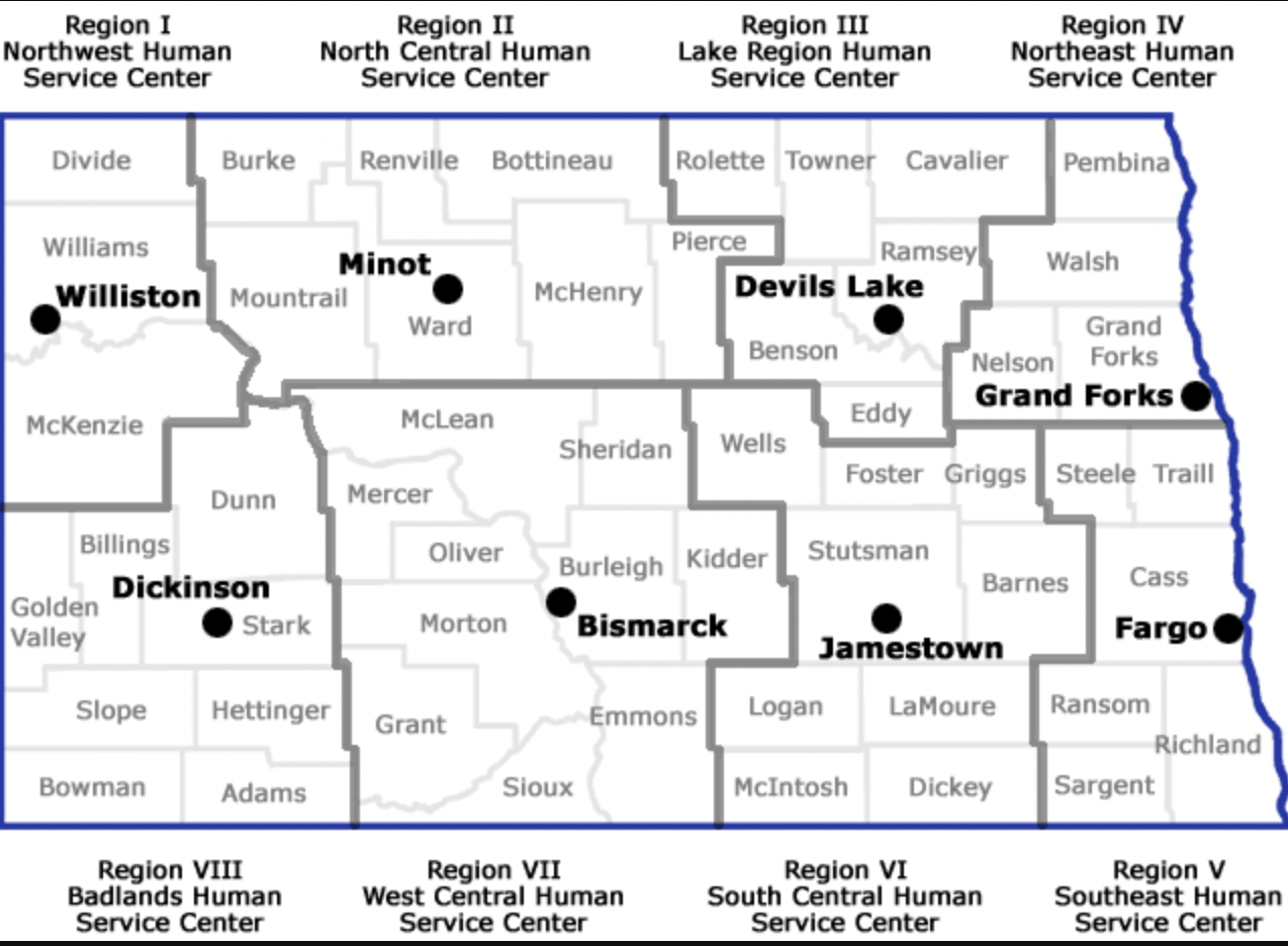 A map of the eight Human Service Center regions across North Dakota. From the Department of Health and Human Services.