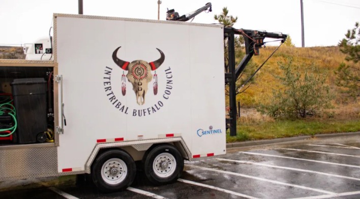 The InterTribal Buffalo Council field-processing unit allows for tribes to traditionally field harvesting bison while also meeting food regulation safety standards. (Amelia Schafer, ICT and Rapid City Journal).