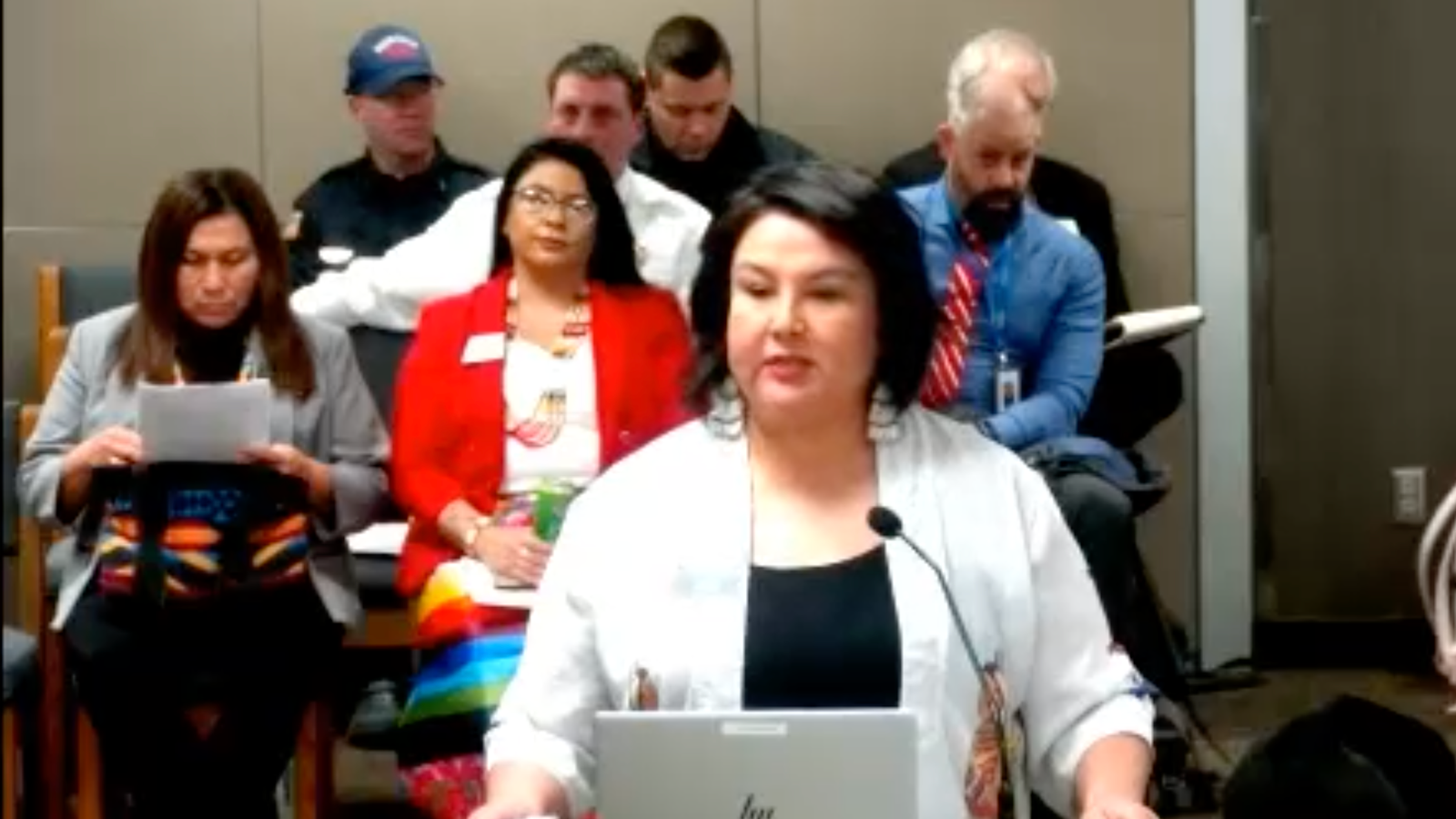 Rep. Jayme Davis, Turtle Mountain Band of Chippewa, speaks during a legislative hearing on bills addressing missing and murdered Indigenous people in North Dakota at the House Judiciary Committee on Tuesday, Feb. 4, 2025. (Screen grab from the North Dakota Legislature)
