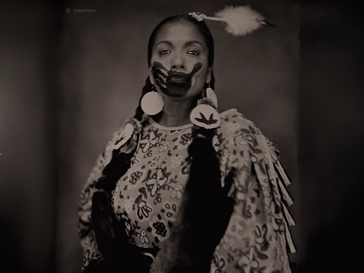 Starla Thompson sits for photographer Joseph Kayne, Chicago, Illinois, April 10, 2022. Kayne provides free tintypes for Native Americans, using a large-format wooden camera and a lens from 1870. (Photo credit: Joseph Kayne)