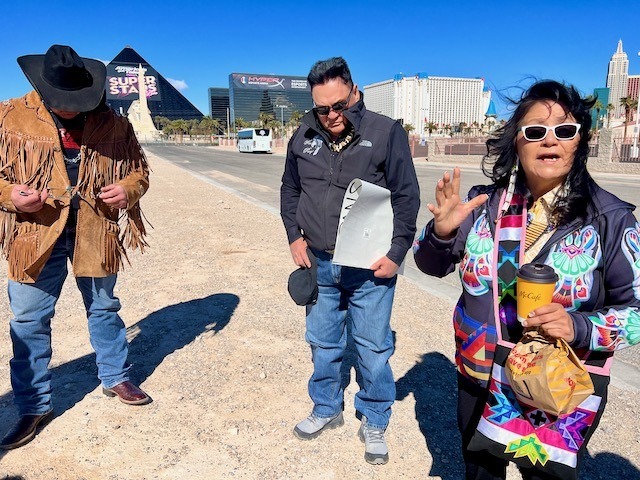 Todd Hall, left, Ron Brugh and Carol Good Bear, pictured in Buffalo's Fire file photo in Las Vegas, April 4, 2023. Photo Credit/Jodi Rave Spotted Bear, Buffalo's Fire