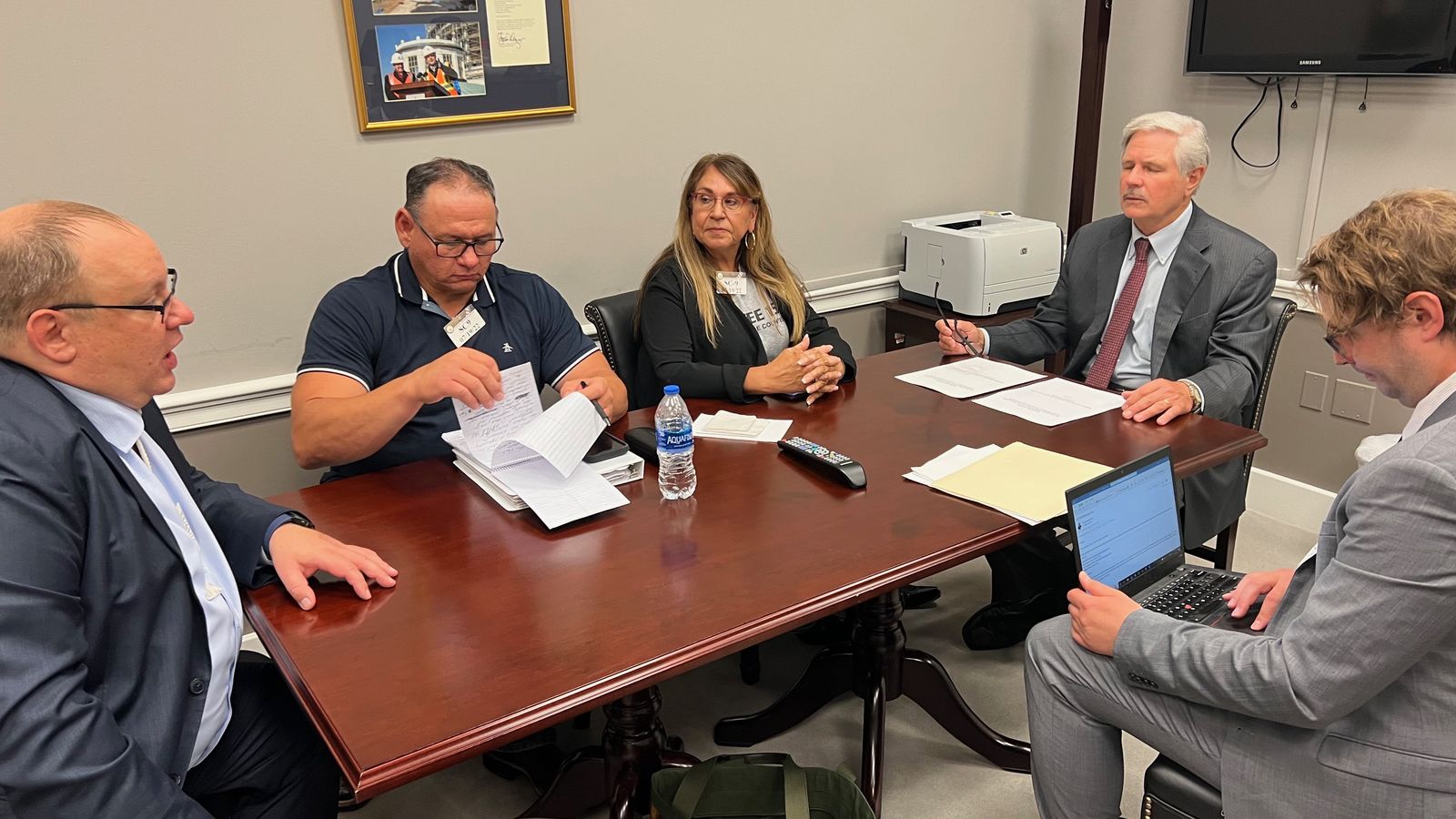 Todd and Patti Jo Hall, members of the Fort Berthold Allotted Land and Minerals Association, were part of a group that met with North Dakota Sen. John Hoeven. The land association shared their story about the Tesoro pipeline trespass across Capitol Hill July 18-19. Photo Credit: Jodi Rave Spotted Bear